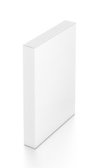 White thin vertical rectangle blank box from top far side angle. 3D illustration isolated on white background.