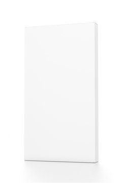 White tall thin vertical rectangle blank box from front far side angle. 3D illustration isolated on white background.