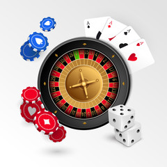 Casino background with cards, chips, craps and roulette. Vector illustration