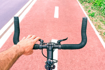 Man riding sport bike top view on handle bar and road perspectivive - Concept of alternative...