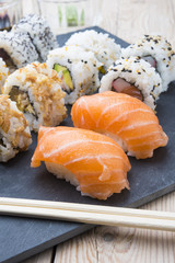 Sushi rolls on a slate plate