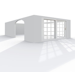 3d exterior rendering perspective view of empty cube home apartment: room, bathroom, bedroom, kitchen, living-room, hall, entrance, door, window