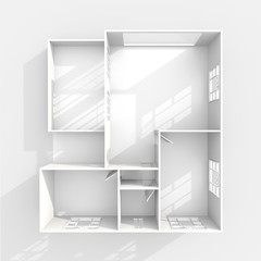 3d interior rendering plan view of empty paper model home apartment: room, bathroom, bedroom, kitchen, living-room, hall, entrance, door, window