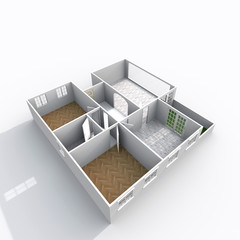 3d interior rendering perspective view of empty home apartment with floor materials: room, bathroom, bedroom, kitchen, living-room, hall, entrance, door, window, balcony