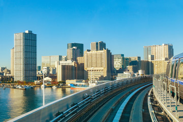 Fototapeta na wymiar Cityscape from Yurikamome monorail in Odaiba, Tokyo