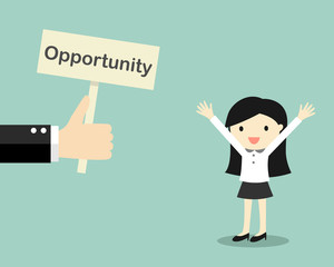 Business concept, Hand offers opportunity to business woman. Vector illustration.