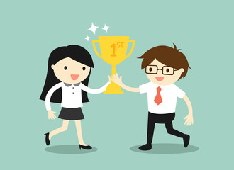 Business concept, businessman and business woman holding trophy. Vector illustration.