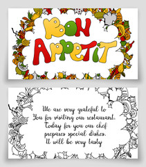 Vector illustration zen tangle card Bon appetit. Food. A restaurant. Doodle. Coloring anti stress for adults.