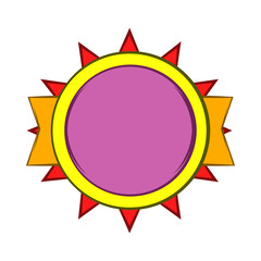 Round violet badge icon, cartoon style
