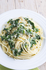 Spaghettis with spinach and Parmesan.