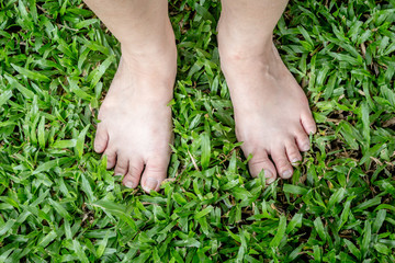 Female feet on green grass