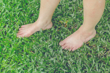 Female feet on green grass