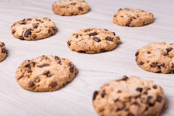 chocolate chip cookies on wooden table