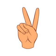 Hand with victory sign icon, cartoon style