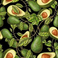 Tapeten Avocado Handgezeichnete Avocados auf dunklem Hintergrund, nahtloses Muster