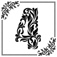 Decorative Font with swirls and floral elements. Ornate decorated digit four on white background.