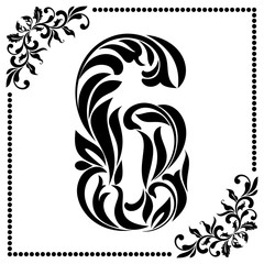 Decorative Font with swirls and floral elements. Ornate decorated digit six on white background.