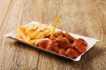 Traditional German currywurst, served with chips on disposable p