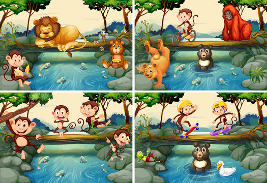 Four scenes with wild animals in the river