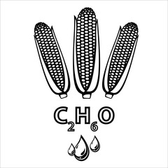 Corn ethanol biofuel, alternative and renewable energy supply source. Line icon of corn cobs, ethanol formula and liquid drops. Vector Illustration