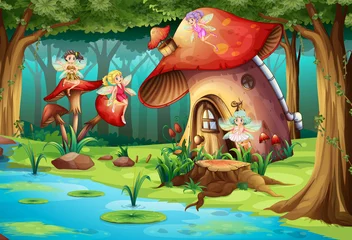 Selbstklebende Fototapeten Fairies flying around mushroom house © GraphicsRF
