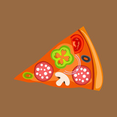 Pizza slice with salami or pepperoni, tomatoes, onions, mushrooms, black and green olives, green bell peppers. Yummy pizza with toppings. Vector Illustration