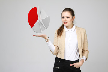 Woman shows a pie chart, circle diagram. Business analytics concept.