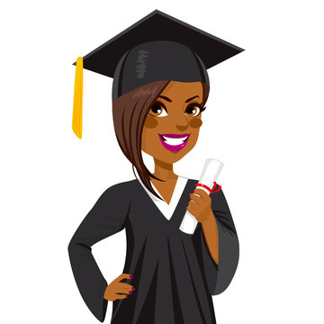 Beautiful African American Girl On Graduation Day Holding Diploma And With Hand On Hip