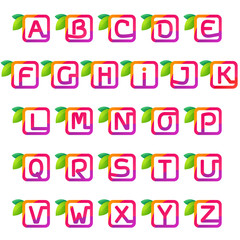 Alphabet square with juice and green leaves.