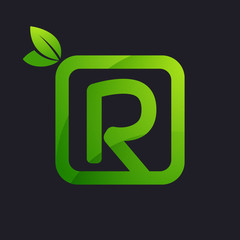 R letter logo in square and green leaves.
