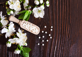 homeopathic pills with spring flowers on a wooden background