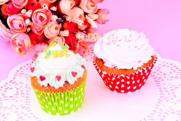 Cake with Cream, Cupcake on Wood Background.