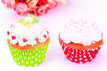 Cake with Cream, Cupcake on Wood Background.