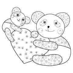 Panda with heart kid coloring book page.