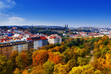 View to the Vysegrad in Prague, Czech Republic at autumn with cathedral and red roofs, travel seasonal background