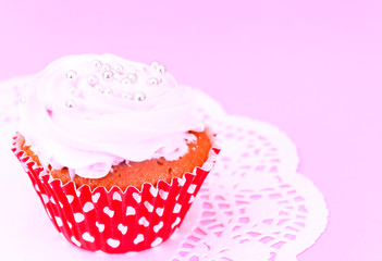 Cake with Cream, Cupcake on Wood Background.
