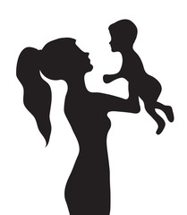 Woman with a baby silhouette. Girl holding baby vector illustration