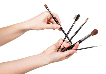 Women hand with cosmetic brushes for makeup isolated on white.
