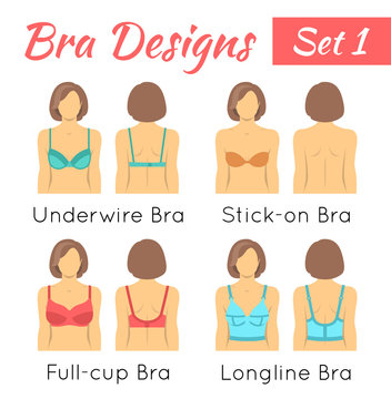 Bra design vector flat icons set. Female torso in different types of brassieres. Front and back view. Lingerie fashion infographic elements. Woman wears underwire, invisible, full cup, longline bras