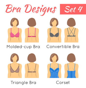 Bra design vector flat icons set. Female torso in different types of brassieres. Front and back view. Lingerie fashion infographic elements. Woman wears molded-cup, convertible, triangle bras, corset