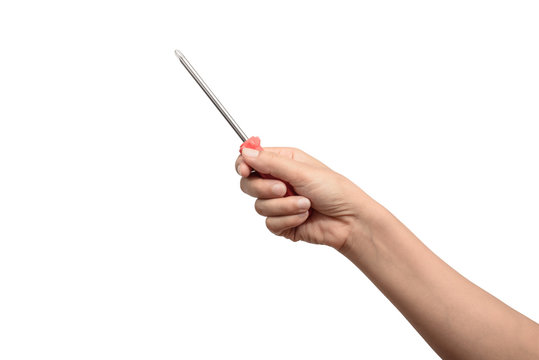 Woman Hand Holding Screwdriver On White