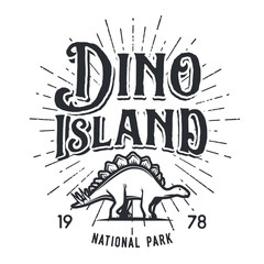 Vector dinosaur island logo concept. Stegosaurus national park insignia design. Jurassic period illustration. Dino Vintage T-shirt badge on white background