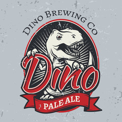 T-rex brewery insignia design. Pale ale label template. Vector dinosaur craft beer logo concept. Vintage cretaceous period illustration. Tyrannosaurus T-shirt badge on grunge background