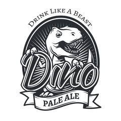 Vector dinosaur craft beer brewery logo concept. T-rex bar insignia design. Pale ale label template. Vintage Jurassic period illustration. Tyrannosaurus T-shirt badge on white background