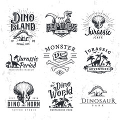 Big Dinosaur Vector Logo Set. Triceratops t-shirt illustration concept. Raptors security insignia design template. Vintage Jurassic Period labels. Theme park badges
