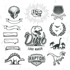 Dino logo maker set. Dinosaur logotype creator. Vector T-rex banner template. Jurassic period laurel crest illustration. Shield insignia concept design. Cretaceous world badge or label collection.