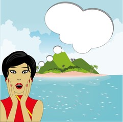 Asian girl with message bubble on tropical island background