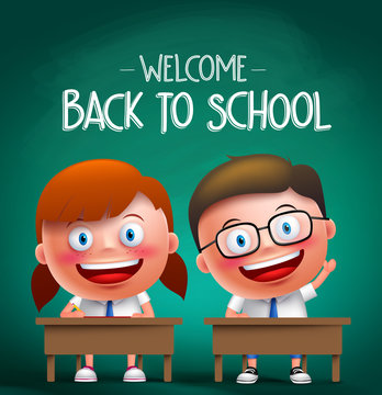 Students vector characters sitting in the desk in a classroom raising hands and writing with back to school text in the background. Vector illustration
