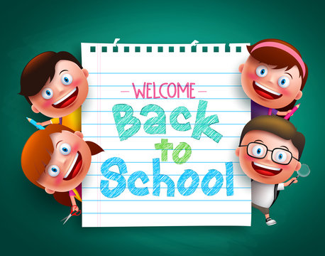 Back to school colorful  text written in paper with funny kids vector characters holding school items. Vector illustration
