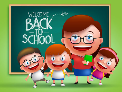 Teacher and students vector characters in front of classroom with chalk board at the back with back to school written. Vector illustration
